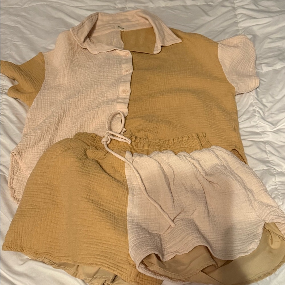 Lena Cream and Tan Button Down Shirt Set